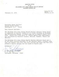 ["The Oklahoma City Area Indian Health Service Advisory Board, comprised of elected leaders of 36 tribes, urges Senator Bartlett to support Senate Bill 2938, which aims to improve Indian health care. The President of the Advisory Board, B. Bob Stopp, emphasizes the importance of this bill for the health care needs of the tribes in Oklahoma and Northeastern Kansas."]