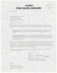 ["The Alaska Public Health Association supports the early passage of S. 2938, the Indian Health Care Improvement Act of 1974, and the amendments introduced by Senator Edward Kennedy. They believe that this legislation will greatly benefit the health of Alaska Native people, who make up 20% of the state's population. They express gratitude to Senator Bartlett for his leadership in this area."]