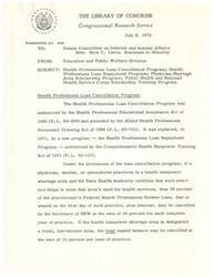 ["The document discusses the Health Professions Loan Cancellation Program, which allows practitioners to have a portion of their Federal Health Professions Student Loan cancelled if they practice in a health manpower shortage area. It also mentions the Health Professions Loan Repayment Program, which replaced the cancellation program and allows for repayment of up to 85% of educational loans in exchange for service in a shortage area. Studies have shown that these programs have had limited success in attracting practitioners to underserved areas."]