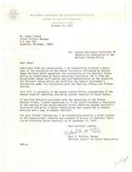 ["The document is a letter from Neal A. McCaleb of the National Council on Indian Opportunity to Mr. Edgar French regarding Senate Concurrent Resolution 48. The resolution repudiates the termination of the National Indian Policy and establishes Indian self-control and self-determination as the objective. McCaleb asks French to introduce a resolution endorsing the Senate resolution at the meeting of the United Western Tribes and to write a letter to Senators Abourzek and Bartlett. McCaleb also provides information on important legislation affecting Indian interests."]