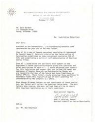 ["The National Council on Indian Opportunity is urging support for Senate concurrent resolution 48 and the President's Indian Legislative Program. They recommend sending letters to Senator Abourezk and Representative Meedes, who are chairmen of the Senate and House Committees on Indian Affairs, to encourage them to report the legislation favorably. They emphasize the importance of reflecting the American Indian mood through letters to increase the likelihood of the legislation being considered by Congress."]