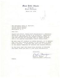 ["The Superintendent of Miami Public Schools is writing to Senator Dewey F. Bartlett about Senate bill #1017, which redistributes funds for Indian children. The Superintendent believes this bill could benefit the 937 students of Indian descent in the Miami School District and requests the Senator's support."]