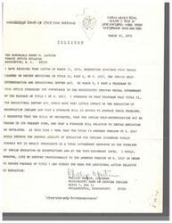 ["The document is a series of two telegrams from the Tribal Chairman of the Mississippi Band of Choctaw Indians to the Honorable Henry M. Jackson regarding the Indian Self-Determination and Educational Reform Act. The Chairman stresses the importance of passing the Indian Self-Determination Act in its present form and developing a stronger bill for Indian education. He requests that the bill be separated into two parts and that a hearing be scheduled for representatives from Indian tribes to testify on the merits of the bill."]