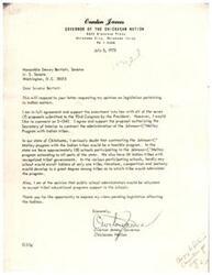 ["The Governor of the Chickasaw Nation expresses support for legislation proposed by the President regarding Indian matters, but raises concerns about a specific proposal authorizing the Secretary of Interior to contract the administration of the Johnson-O'Malley Program with Indian tribes. The Governor believes that in Oklahoma, where there are many tribes and schools participating in the program, competition and jealousy among tribes could arise and public school administrators may be hesitant to accept tribal educational programs."]