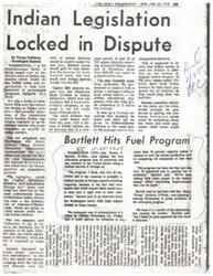 ["The article discusses a dispute in Oklahoma over Indian legislation that would allow tribes and organizations to take over Indian education programs. The State Division of Indian Education opposes the bill, while most tribes are in favor. There is also criticism of the fuel allocation program, with Senator Bartlett calling it ill-conceived and causing problems in the United States. Senators Jackson and Kennedy are trying to resolve the deadlock over the legislation."]