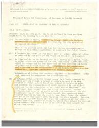 ["The document outlines proposed rules for the enrollment of Indians in public schools, including definitions of terms, contracts, state school laws, general requirements for contracts, and equal educational opportunities. It emphasizes the role of the Johnson-O'Malley (JOM) School Board in planning and approving the expenditure of funds for the education of eligible Indian students. The document also highlights the importance of providing supplemental programs to meet the special needs of Indian students and ensuring equal educational opportunities for all students."]