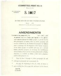 ["A proposed bill, S. 1017, aimed at promoting maximum Indian participation in government and education, providing for the full participation of Indian tribes in federal programs, establishing a national Indian education program, encouraging local Indian school control, and training professionals in Indian education. The proposed amendments include provisions for contracts between the Secretary and states, tribal organizations, and school districts for the education of Indian students, as well as reimbursement for educating students from tribes not residing in the state, and the establishment of local committees to participate in program development."]
