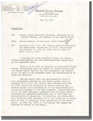 ["A letter from Forrest Gerard to Senator James Abourezk and members of the Subcommittee on Indian Affairs regarding hearings on the \"Indian Self-Determination and Educational Reform Act of 1973\" and related legislation. The memo outlines the purpose of the legislation, which includes facilitating Indian tribes' contracting with government agencies, providing funding for educational programs for Indian students, and other related measures. The memo also mentions the preference of Indian organizations for S. 3157 over the Administration's proposals, and provides information on additional measures to be considered."]
