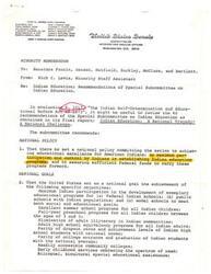 ["The document outlines the recommendations of the Special Subcommittee on Indian Education regarding the Indian Self-Determination and Educational Reform Act of 1973. These recommendations include setting national goals for Indian education, increasing funding for Indian education programs, addressing health and employment needs of American Indians, establishing a White House Conference on American Indian Affairs, and improving the administration of Indian education through the creation of a National Indian Board of Education and increased parental and community involvement."]