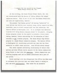 ["The Ramah Navajo School Board has not yet recontracted with the Bureau of Indian Affairs for school operation funds, citing concerns about the new policy of vesting authority in Area Offices instead of the Central Office in Washington D.C. The School Board feels powerless in negotiations with the Albuquerque Area Office and believes the Bureau is intentionally keeping Indian communities in a cycle of powerlessness. They argue for self-determination and equitable rights in negotiating contracts for their schools. The Bureau is criticized for inequities in funding and oversight of contract schools compared to their own schools. The School Board is determined to run their own school for the next 100 years and calls for changes to legislation to support Indian control of education."]