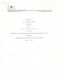 ["Catharine Barrett, President of the National Education Association, provided testimony in support of the Indian Self-Determination and Educational Reform Act of 1973 before the Senate Committee on Interior and Insular Affairs. The NEA supports the bill, which allows for maximum Indian input and control in education programs. They also provided suggestions for funding formulas and additional support for Alaska. The NEA estimates that the cost for the first year would be around $42 million."]