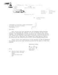 ["The Oklahoma Indian Housing Association is expressing concern about the lack of funding for a vital program announced by Mr. Crawford. They are requesting information from the Department of Housing & Urban Development on the implementation of the program and a date for funding. The document is signed by the President, Kirk Perry."]