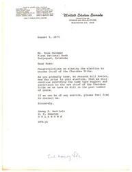 ["Senator Dewey F. Bartlett congratulates Ross Swimmer on winning the election to become Chief of the Cherokee Tribe. He assures Swimmer of continued support and assistance, similar to what was provided to the previous chief, Bill Keeler. Bartlett offers his services and assistance to Swimmer if needed."]