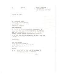 ["The document is a thank you letter from Don Bluejacket to Caroline Hanna at the Bureau of Indian Affairs in Anadarko, Oklahoma, for her help during Indian Housing Hearings. Bluejacket expresses gratitude on behalf of Senator Bartlett and himself and offers assistance in return. He also mentions trying to get Bill Olson back to Anadarko soon."]