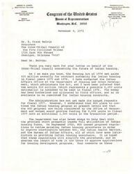 ["The document is a letter from James R. Jones, a member of Congress, responding to a letter from Dr. B. Frank Belvin regarding Indian housing. Jones explains the current funding and plans for Indian housing, as well as steps being taken to improve coordination between agencies involved in providing housing assistance. Jones assures Belvin of his support and willingness to help with Indian housing development. Jones also mentions that he has forwarded the letter to other members of the Oklahoma Congressional Delegation for their information."]
