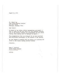 ["The document is thanking Mr. Robert Lay and his staff for their contribution to the planning and arrangements for an Indian housing field hearing held in Muskogee. The accommodations arranged by Mr. Lay were excellent and contributed to the success of the hearing. Senator Dewey F. Bartlett looks forward to working with Mr. Lay again in the future."]