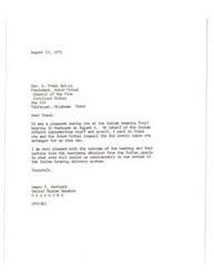 ["Dewey F. Bartlett, a United States Senator, thanks Rev. B. Frank Beluin and the Inter-Tribal Council for arranging a lunch during a hearing on Indian housing. He is pleased with the outcome of the hearing and believes the testimony obtained will be valuable for reviewing the Indian housing delivery system."]