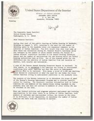 ["The document from the United States Department of the Interior's Bureau of Indian Affairs to Senator Dewey Bartlett discusses the need for new housing units for Indian families in the Anadarko Area. The document mentions the discrepancy between the Bureau's statistics and the number of housing applications on file, attributing it to the mobility of Indian families. The Bureau's Annual Housing Inventory Report estimates that 2,198 new dwelling units are needed to address overcrowding and substandard living conditions. The document also highlights the challenges in accurately determining the number of Indian families moving within the area. The enclosed housing inventory data provides a breakdown of housing needs by tribe in the Anadarko Area."]