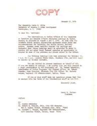 ["The document is a letter from Henry M. Jackson, Chairman of the Subcommittee on Indian Affairs, inviting the Secretary of Housing and Urban Development to present testimony at hearings regarding Indian housing in Oklahoma. The document provides details about the hearings, the need for safe and sanitary housing for Indian families, and requests for continued funding for housing programs. It also includes a resolution outlining the housing needs of sixteen Indian tribal housing authorities in Oklahoma."]
