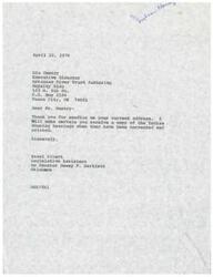 ["The document is from Hazel Elbert, a Legislative Assistant to Senator Dewey F. Bartlett of Oklahoma, to Blu Gentry, the Executive Director of the Arkansas River Trust Authority. Elbert thanks Gentry for sending his current address and promises to send him a copy of the corrected and printed Indian Housing hearings."]