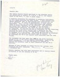 ["The document addressed to Senator DFB raises concerns about the lack of Indian applicants being considered for positions within the Indian Housing Branch at HUD. It mentions specific instances where qualified Indian applicants were overlooked for non-Indian candidates. The document also questions HUD's affirmative action efforts and lack of representation of Indian Americans within the agency. The Senator requests an explanation of the selection process and calls for a review of current applicants to ensure that Indians are given fair opportunities for employment within HUD."]