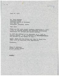 ["The document is a letter from Dewey F. Bartlett, a United States Senator, thanking Ross Swimmer, Principal Chief of the Cherokee Nation of Oklahoma, for his support of S. 1287, a bill providing housing and community development assistance for Indians and Alaska natives. The bill was adopted by the Senate on June 7."]