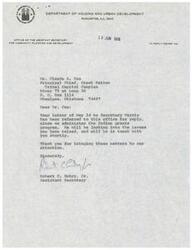 ["The document from the Creek Nation Principal Chief, Claude A. Cox, to the United States Department of Housing and Urban Development expresses dissatisfaction with the allocation and administration of Indian set-aside Community Development Block Grants in Oklahoma. The document outlines various issues and demands for changes in funding allocation, establishment of an Indian Desk, utilization of BIA statistics, and tribal input into the program. Cox requests the Secretary of HUD to personally review the grants and make necessary changes."]