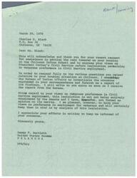 ["Mr. Charles E. Black wrote a letter to Senator Dewey F. Bartlett regarding his concerns about discrimination at the Chilocco Indian School, where he is employed. He expressed frustration about rent increases, lack of maintenance, and security issues at the school. He also raised concerns about President Carter's Civil Service reform legislation potentially impacting veterans' preference in federal employment. Senator Bartlett acknowledged Mr. Black's concerns and promised to investigate the housing situation at Chilocco and consider his views on veterans' benefits in his analysis of the legislation."]