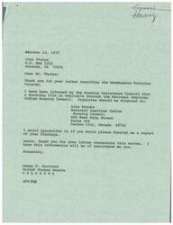 ["The document from John Thorpe to Senator Dewey Bartlett requests funding for a training film for Indian Mutual Help participants in Oklahoma. Thorpe suggests that the film be made in Oklahoma and cover topics such as homebuyers' obligations and house upkeep. Senator Bartlett responds by acknowledging the request and forwarding it to the Department of Housing and Urban Development. The National American Indian Housing Council also requests consultation for filling a Special Assistant position for Indian and Alaska Native Programs. Senator Bartlett brings this request to the attention of the Department of Housing and Urban Development, who assures consideration of the request."]
