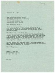 ["Senator Dewey Bartlett received a letter from Secretary Patricia Roberts Harris informing him of the selection of Mr. Irvin Santiago as the Special Assistant for Indian and Alaska Native Programs at the Department of Housing and Urban Development. Senator Bartlett expressed his concern about the delivery of HUD programs to Native Americans and pledged his support to Mr. Santiago in improving the system. Secretary Harris explained the recruitment process and highlighted Mr. Santiago's qualifications and endorsements from Native American organizations. She expressed confidence in Mr. Santiago's ability to make a significant contribution to Indian and Alaska Native Programs and thanked Senator Bartlett for his support."]