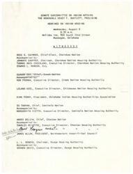 ["The document outlines a Senate Subcommittee on Indian Affairs hearing on Indian housing, with various witnesses representing different Native American nations and housing authorities in Oklahoma. The hearing took place on August 6 at the Holiday Inn in Muskogee, Oklahoma, and continued on August 7 at the WCD Building in Anadarko, Oklahoma. Witnesses discussed issues related to housing needs, regulations, and progress in providing housing for Native American communities."]