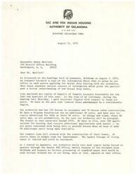 ["The document is from the Sac and Fox Indian Housing Authority of Oklahoma to Honorable Dewey Bartlett discussing their housing programs, the number of houses in occupancy and under construction, concerns about future housing availability, and frustrations with delays in the HUD processing of units. They express a preference for remaining with HUD rather than changing to the Department of Interior, and discuss the history and operation of the Mutual-Help program. They also provide information on the establishment of Housing Authorities in Oklahoma and the process for individuals to apply for housing assistance."]