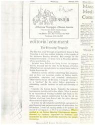 ["The document discusses the housing tragedy faced by Native Americans, particularly in urban areas, where many live in poor conditions. It calls for better housing facilities and funds, as well as the establishment of an Indian Housing Development agency. It also highlights the bureaucratic handling of Indian affairs and the need for Native Americans to unite behind a program for good housing. The document emphasizes the importance of considering the human factor and the rights of Native Americans to water and housing."]