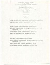 ["The Subcommittee on Indian Affairs of the United States Senate held hearings on Indian housing on Thursday, February 12 at the Lincoln Plaza Hotel in Oklahoma City. Witnesses included representatives from the Indian Health Service, Bureau of Indian Affairs, and Department of Housing and Urban Development. Topics discussed likely included issues related to housing for Native American communities."]