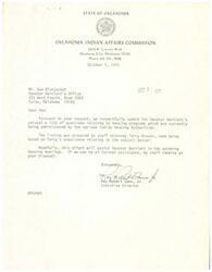 ["The Oklahoma Indian Affairs Commission submitted a list of questions to Senator Bartlett's office regarding housing programs administered by Indian Housing Authorities. The questions address various issues such as promises made to participants, disputes over trust land, relief for defective homes, participant rights, and oversight by HUD. The Commission also included questions for HUD Regional Offices and HUD in Washington regarding participant rights, management of housing programs, appeals procedures, and sanctions for non-compliance with regulations."]