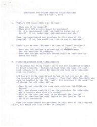 ["The document outlines questions related to various aspects of the Indian housing program, including requirements for land acquisition, payments in lieu of taxes, title reports, non-Indian participation, coordination issues, financing mechanisms, and criteria for qualifying for housing. The questions aim to address potential problems and seek suggestions for improvements in the program."]