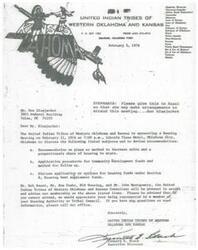 ["The United Indian Tribes of Western Oklahoma and Kansas is holding a Housing Meeting on February 11, 1976 to discuss increasing housing units and funding options. They invite members to attend or send a representative from their Housing Authority or Tribal Council. The meeting will be attended by various officials and consultants to provide assistance and advice."]