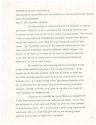 ["Senator Henry Bellmon commends the Subcommittee on Indian Affairs for holding hearings on Indian housing programs, specifically praising Senator Dewey Bartlett for his involvement. Bellmon discusses the importance of addressing water issues in the Anadarko area to improve housing programs. He also highlights the quality of homes being constructed and the success of Indian housing authorities in meeting financial obligations. Bellmon expresses his commitment to supporting programs that benefit Native American citizens."]