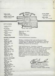 ["A resolution passed by the Land Resources Committee of the Southern Cheyenne and Arapaho Tribes of Oklahoma to support the establishment of a school in Hammon, Oklahoma by The Institute of the Southern Plains, Inc. The resolution recommends making 20 acres of land available for the school."]