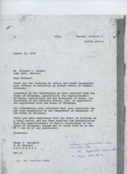 ["The document is from United States Senator Dewey F. Bartlett to Richard L. Benesh regarding his efforts to establish an Indian school in Hammon, Oklahoma. Bartlett mentions that the Institute of the Southern Plains, Inc. is not registered with the State of Oklahoma and has not been accredited by the Department of Education. Bartlett advises Benesh to register the institute as a legal entity and obtain accreditation before seeking further assistance."]