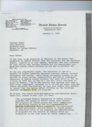 ["A letter from Senator James Abourezk to Charles James, urging the Bureau of Indian Affairs to continue funding for the Institute for the Southern Plains, an Indian community operated school. The document references the Indian Self-Determination and Education Assistance Act and emphasizes the importance of parental and community control of the educational process for Indian children. Senator Abourezk requests full commitment from the Area Office to support the Institute and asks to be kept informed of funding efforts. Charles James responds with a brief history of the school's development and funding approval from the Bureau in the past."]