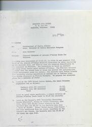 ["The memo from the Anadarko Area Office argues that the proposed division of Johnson O'Malley funds for Oklahoma is not equitable and suggests two alternate plans for distribution. They believe that the Anadarko Area should receive 34.2% of the funds based on the state population or 34.3% based on the Bureau's figures. The memo urges for a decision to be made quickly so that contract negotiations can proceed. Tribal members within the jurisdiction support the Area Director's actions and resolution for local advisory councils to design Johnson O'Malley school programs."]