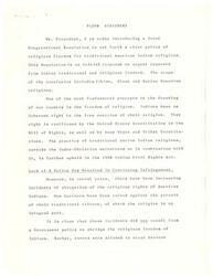 ["The document introduces a Joint Congressional Resolution to protect religious freedom for traditional American Indian religions, including Eskimo, Aleut, and Native Hawaiian religions. It discusses how lack of government policy has led to infringement on the religious rights of American Indians, particularly in terms of access to sacred sites and restrictions on the use of sacred objects. The document calls for a better understanding and awareness of the impact of laws and regulations on Indian religious practices."]