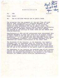 ["The memo discusses a proposed amendment by the Council on Environmental Quality to regulate off-road vehicle use on public lands. Manufacturers and enthusiasts are opposed to a potential ban on ORV use. The Secretary of the Interior clarifies that the amendment does not mean a blanket closure of public lands to ORV use and plans to implement regulations with public input. A letter urges Senator Bartlett to recommend reconsideration of a potential ban on ORV use. A news release from the Department of the Interior states that off-road vehicle use will continue on federal lands, with restrictions in place to protect fragile areas from damage. The Secretary emphasizes the need for voluntary actions by ORV users to prevent harm to land and resources. The Executive Order allows for closures of specific areas where ORV use is causing adverse effects, but does not constitute a general ban. The Department will continue to protect land resources and engage with user organizations in planning land use."]