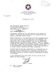 ["The Governor of Oklahoma, David L. Boren, is concerned about the Bureau of Outdoor Recreation turning down their application for funds to purchase Turner Falls. He asks for assistance in investigating the decision-making process and requests support for continuing the Title IV program to help Native Americans integrate into mainstream society."]