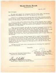 ["The letter urges support for retaining Title VI of the Housing and Community Development Act of 1977, which aims to reorganize HUD Indian programs to eliminate inefficiencies. It highlights the mismanagement of Indian housing by HUD and the need for better coordination and oversight. The letter also discusses a suggestion for an amendment requiring written informed parent consent for federally funded programs dealing with student values, attitudes, and beliefs."]