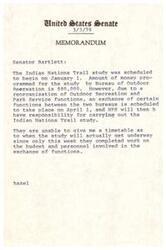 ["The Indian Nations Trail study was scheduled to begin on January 1 with $80,000 budgeted by the Bureau of Outdoor Recreation. However, due to a reorganization, the National Park Service will now be responsible for the study starting on April 1. A timetable for the study has not been provided due to ongoing work on budget and personnel changes."]