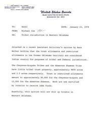 ["The document discusses opinions and memorandums regarding tribal jurisdiction on trust lands in Western Oklahoma, specifically for the Cheyenne-Arapaho Tribes and the Absentee Shawnee Tribe. The Assistant Solicitor's opinion holds that the trust allotments in the former Oklahoma territory are considered Indian country for tribal and Federal jurisdiction. The document also mentions funding implications and the eligibility of the tribes for LEAA funds. The conclusion is that both tribes possess law enforcement authorities and may be certified as eligible for LEAA grants."]