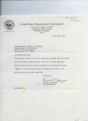 ["A letter about the Riverside Indian School Board requesting support and funding from representatives for their school facilities in Anadarko, Oklahoma. They are seeking additional funds to meet the needs of their students and maintain accreditation. The resolutions are being forwarded to Representative Dewey F. Bartlett and Representative Tom Steed for their support. The Superintendent of the school, Edward Lonefight, is requesting assistance from the Bureau of Indian Affairs for their program. The resolutions outline the need for additional funding to improve the educational program at the school."]