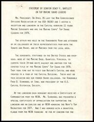 ["Senator Dewey F. Bartlett hosted a reception and luncheon in honor of 11 Marine sergeants who were recognized as the top squad leaders for 1978. The event was attended by colleagues, Marines, and representatives from the Senate and House. Each sergeant received a certificate of commendation, and Senator Bartlett was thanked for his support of noncommissioned and petty officers in the U.S. armed forces. The sergeants visited the Capitol building and were hosted by former House colleague Fred D. Schwengel. Appreciation was extended to various individuals and organizations for their support of the event."]
